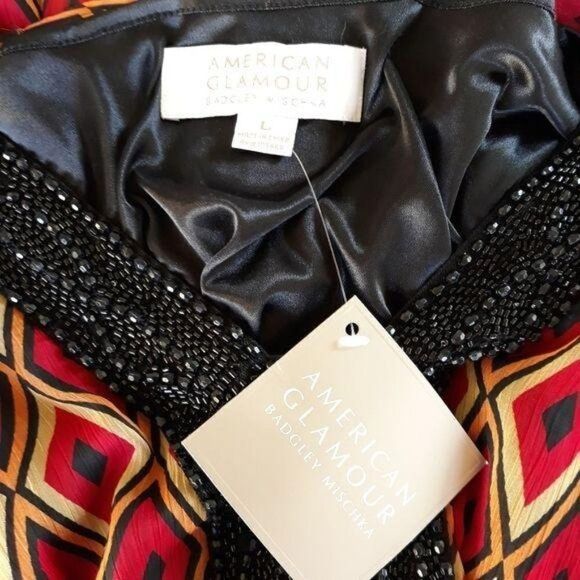 Badgley Mischka Mod Ikat Sheer Kimono Sleeve Beaded V-neck Cinched Top Red Sz L - Picture 3 of 16